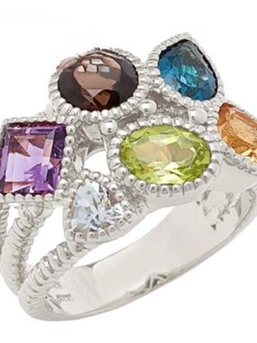 STERLING SILVER 6 GEMSTONE RING, LADIES SZ 8, BLUE TOPAZ, PERIDOT, CITRINE,
